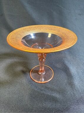 Vintage Cambridge Amber Glass Compote Bowl Florentine Etch Pedestal Candy Dish